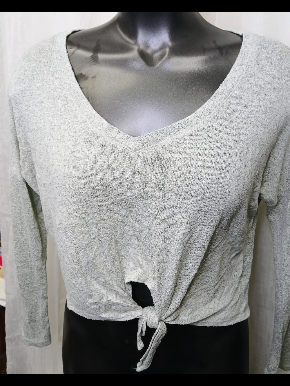 V-Neck Tie-Front Long Sleeve Top - Light Gray